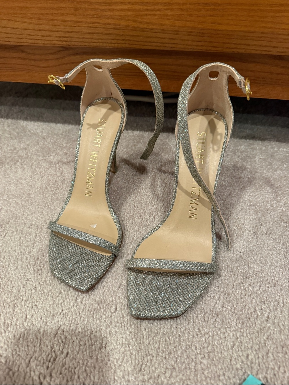 Stuart Weitzman Silver Glitter Ankle-Strap Sandals